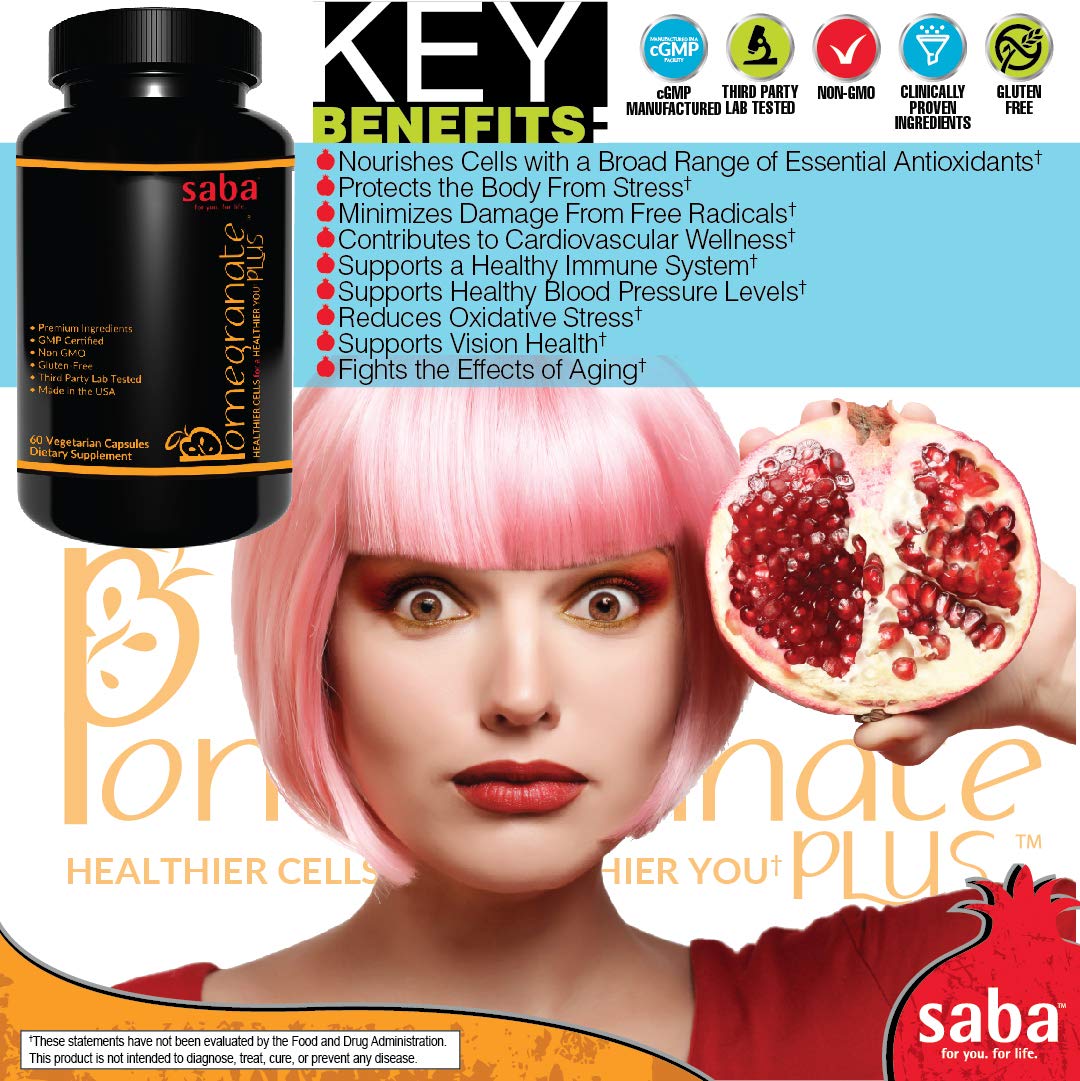 Saba Pomegranate Plus – Antioxidant Supplement with Astaxanthin & Adaptogens | Immune, Skin, Heart & Brain Support | Daily Stress & Cellular Wellness | 60 Capsules Saba Au supplements