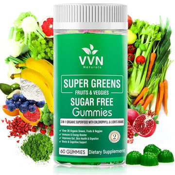 Sugar-Free Real Organic Fruits, Super Greens and Veggies Gummies | 35+ Nutritious & Healthy Greens, Fruits, and Vegetables for Improved Immunity, Skin Health & Energy Boost|60 Vegan Gummies VVN Naturals Au supplements