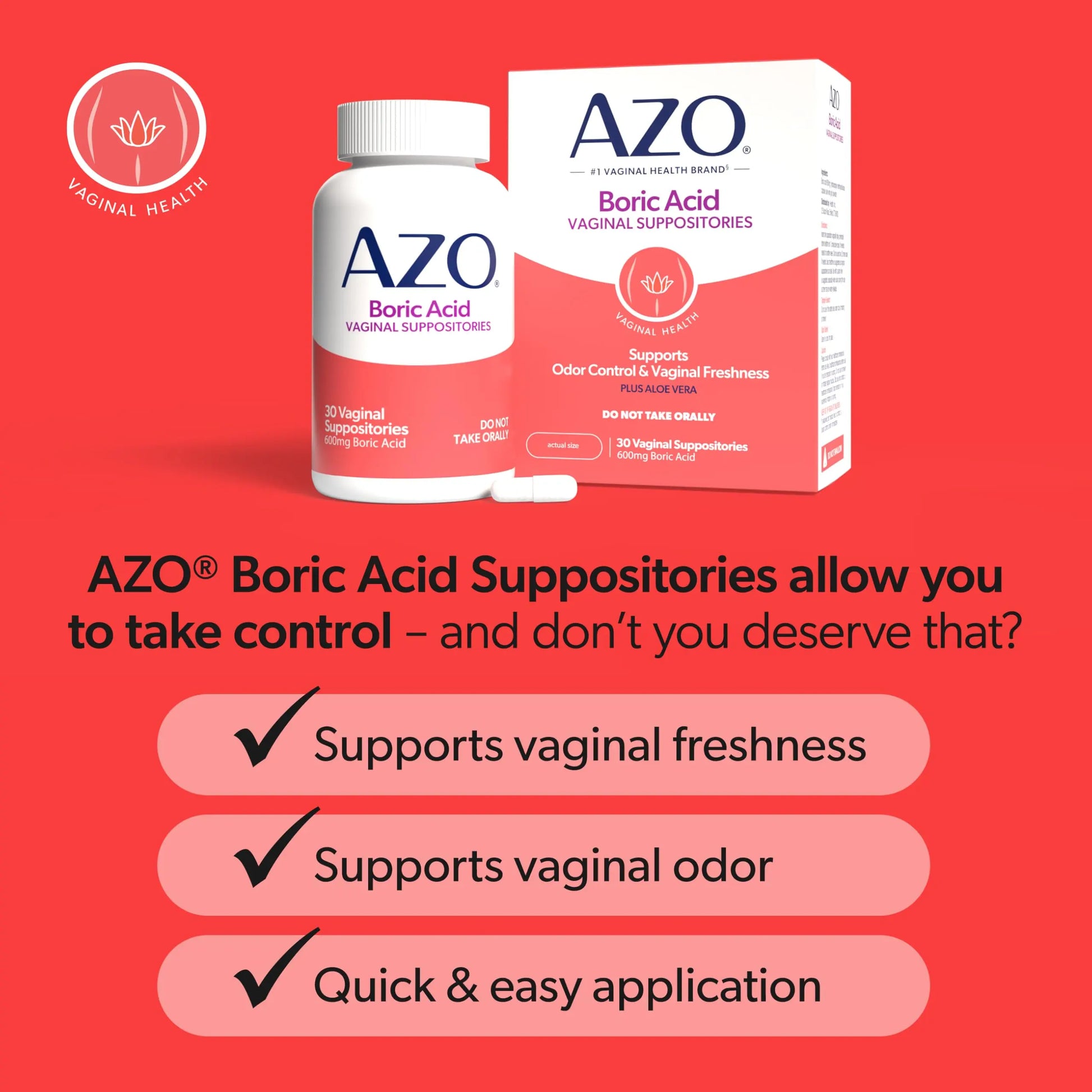 AZO® Boric Acid Vaginal Suppositories for Women, Helps Support Odor Control with Clinically Studied Boric Acid, Non-GMO, 30 Count AZO Au supplements