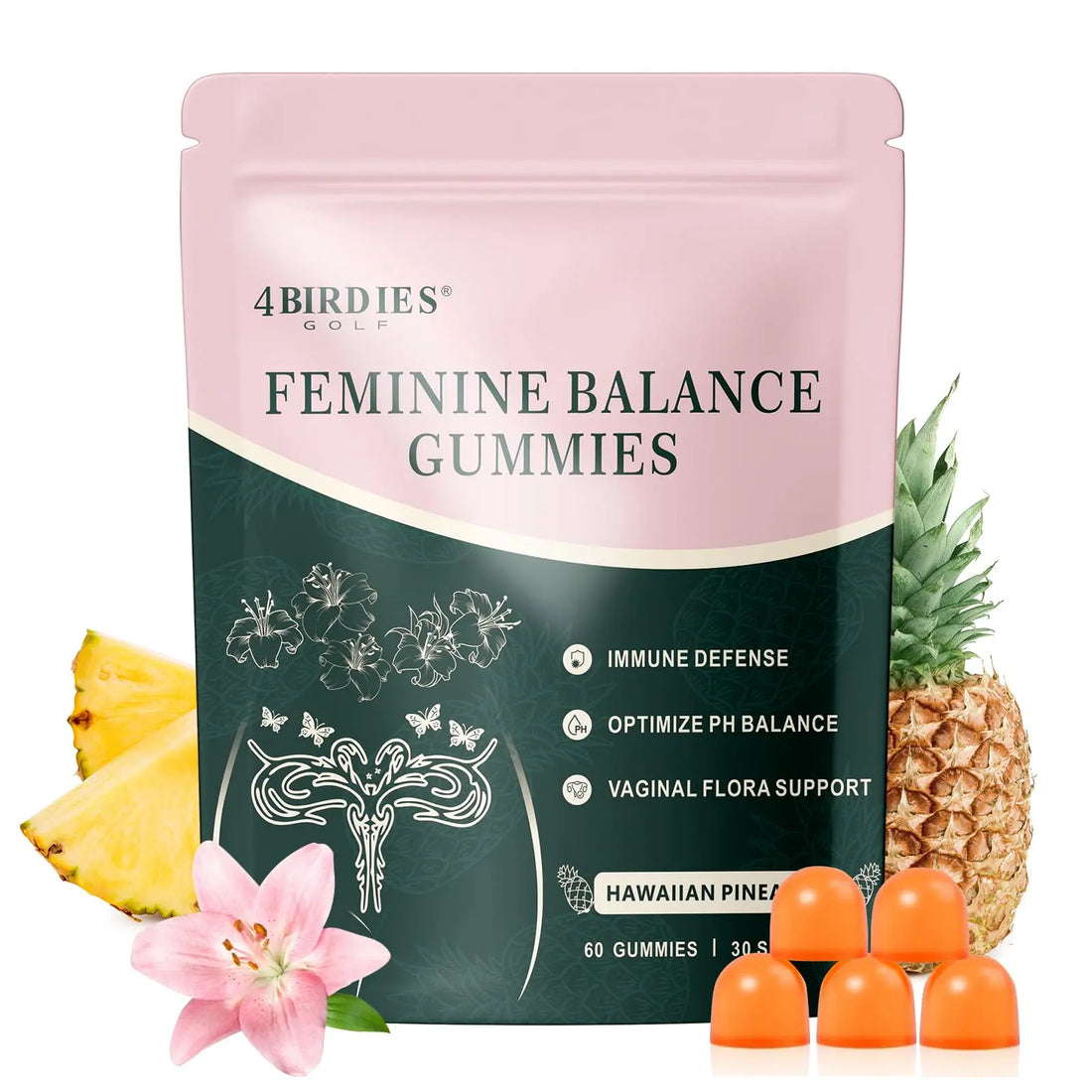 4 BIRDIES GOLF Premium Feminine Balance Gummies for Women's Health, Hawaiian Pineapple Gummies for Women Vaginal Probiotic & pH Balance Support - Vegan - Healthy Odor - Gluten-Free - 60 Count 4 BIRDIES GOLF Au supplements
