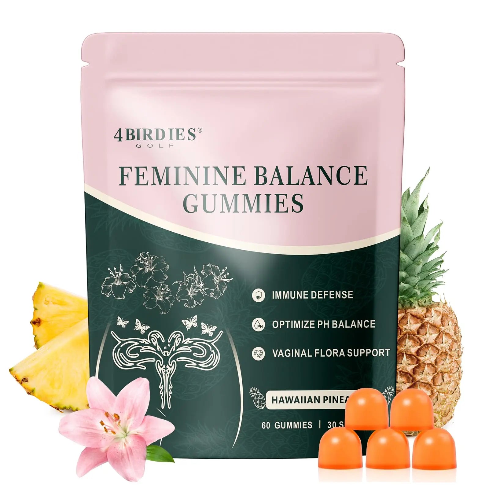 4 BIRDIES GOLF Premium Feminine Balance Gummies for Women's Health, Hawaiian Pineapple Gummies for Women Vaginal Probiotic & pH Balance Support - Vegan - Healthy Odor - Gluten-Free - 60 Count 4 BIRDIES GOLF Au supplements