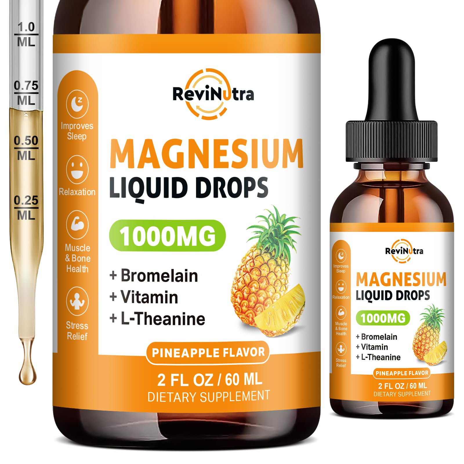 Magnesium Glycinate Liquid Drops, 1000mg of Liquid Magnesium Complex Supplement for Sleep, Nerve, Energy, Muscle, Bone, Calm & Digestion, High Absorption, 2 Fl Oz, Sugar-Free Pineapple Flavor ReviNutra Au supplements