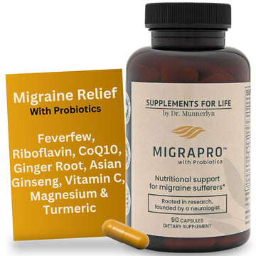 Dr. Munnerlyn MigraPro with Probiotics, Brain and Gut Health Support Supplement with Magnesium, Riboflavin, CoQ10, Ginger Root, Asian Ginseng, Vitamin C, Feverfew & Turmeric, Gluten Free, 90 Capsules Dr. Munnerlyn Au supplements