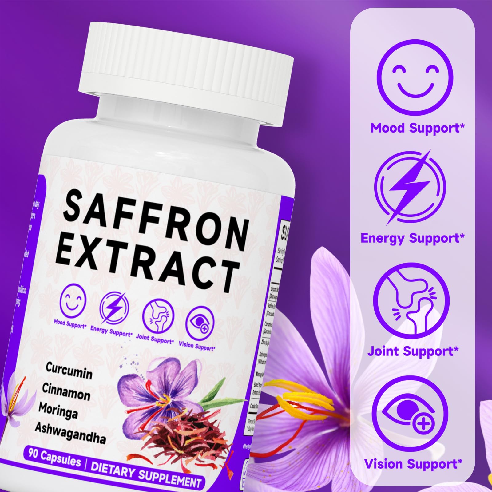 Happy Saffron Supplements, 100mg Saffron Extract, Saffron Blend with Turmeric & Ashwagandha, Supports Mood, Focus, and Energy Boost, 90 Capsules Mosslly Au supplements