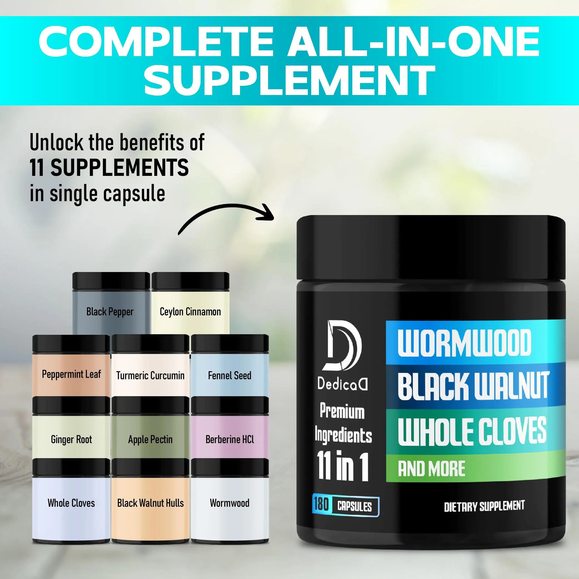 DEDICAD 11in1 Wormwood Capsules - 180 Capsules Extracted from Black Walnut, Cloves, Ginger, Turmeric, Apple, Berberine HCl & More - Support Immune System for 3 Months DEDICAD Au supplements