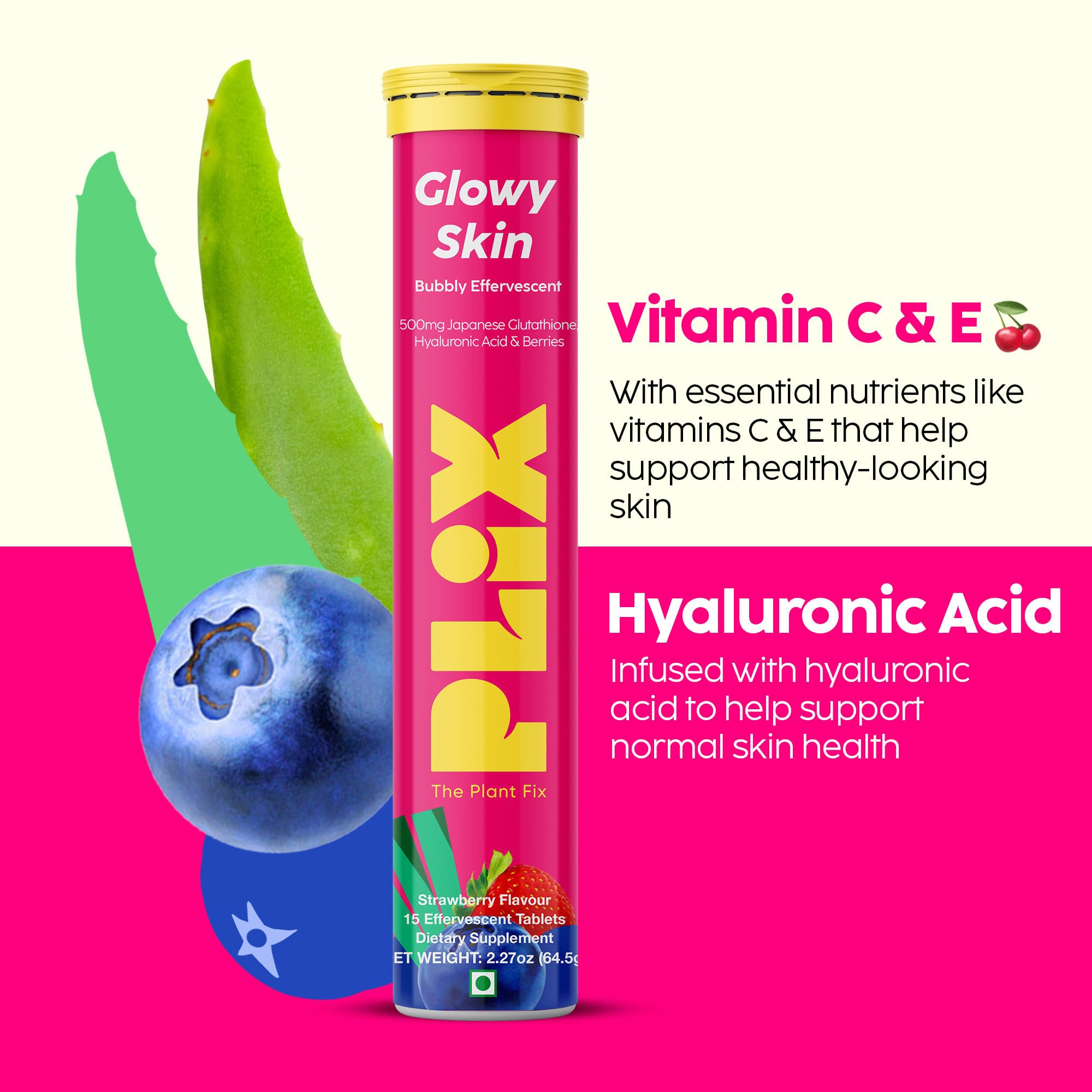 PLIX Glowy Skin 500mg Glutathione Supplement with Hyaluronic Acid, Vitamin C, E & Berries | 30 Effervescent Tablets, Strawberry Flavor PLIX - THE PLANT FIX Au supplements
