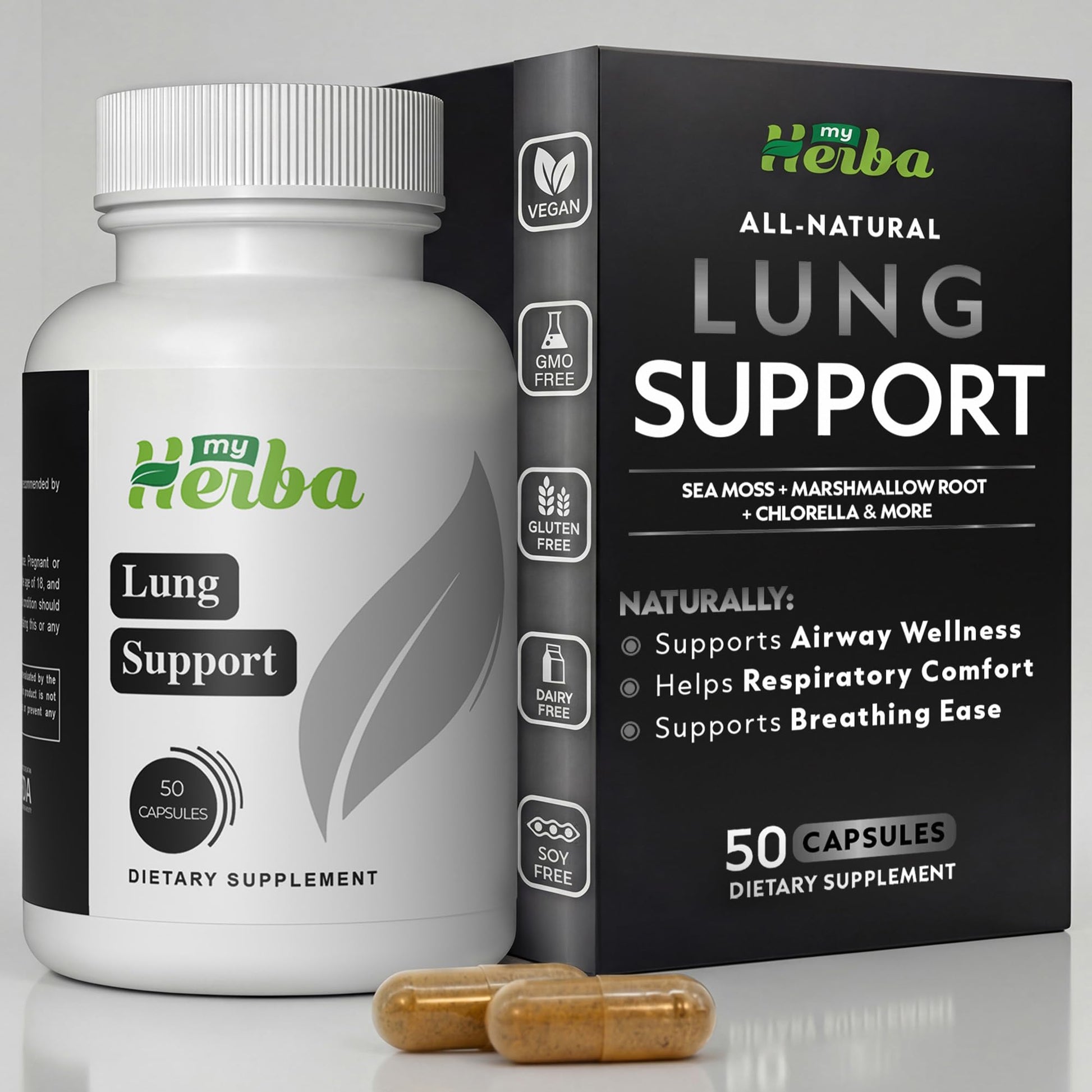 MyHerba Lung Support Supplement - Vegan Formula with Marshmallow Root, Chlorella, Ginkgo Biloba Leaf, Irish Sea Moss & PAU D’Arco - Deep Lung Cleanse, Detox and Immune Support for Adults, 50 Capsules MyHerba Au supplements