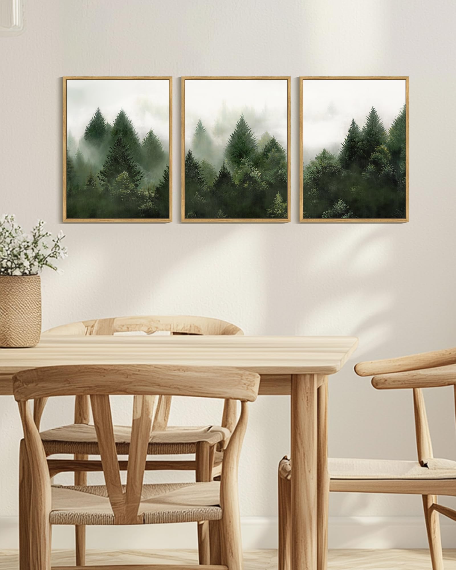 KUVIOKE Morden Green Fog Pine Tree Framed Canvas Wall Art Nature Nordic Forests Artwork Painting Bedroom Decor 12x16in (Natural Framed) KUVIOKE Au supplements