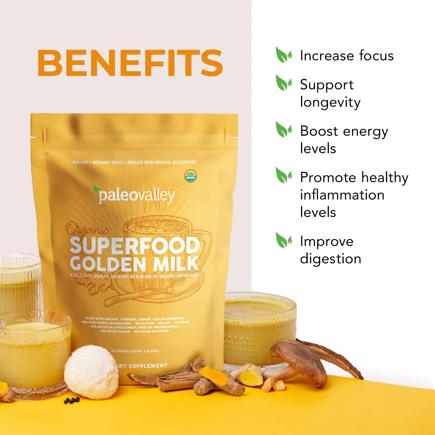 Paleovalley Organic Superfood Golden Milk - Immune, Focus, Cognitive, Longevity - Turmeric, MCT-Rich Coconut Milk, Functional Mushrooms, 30 Servings Paleovalley Au supplements