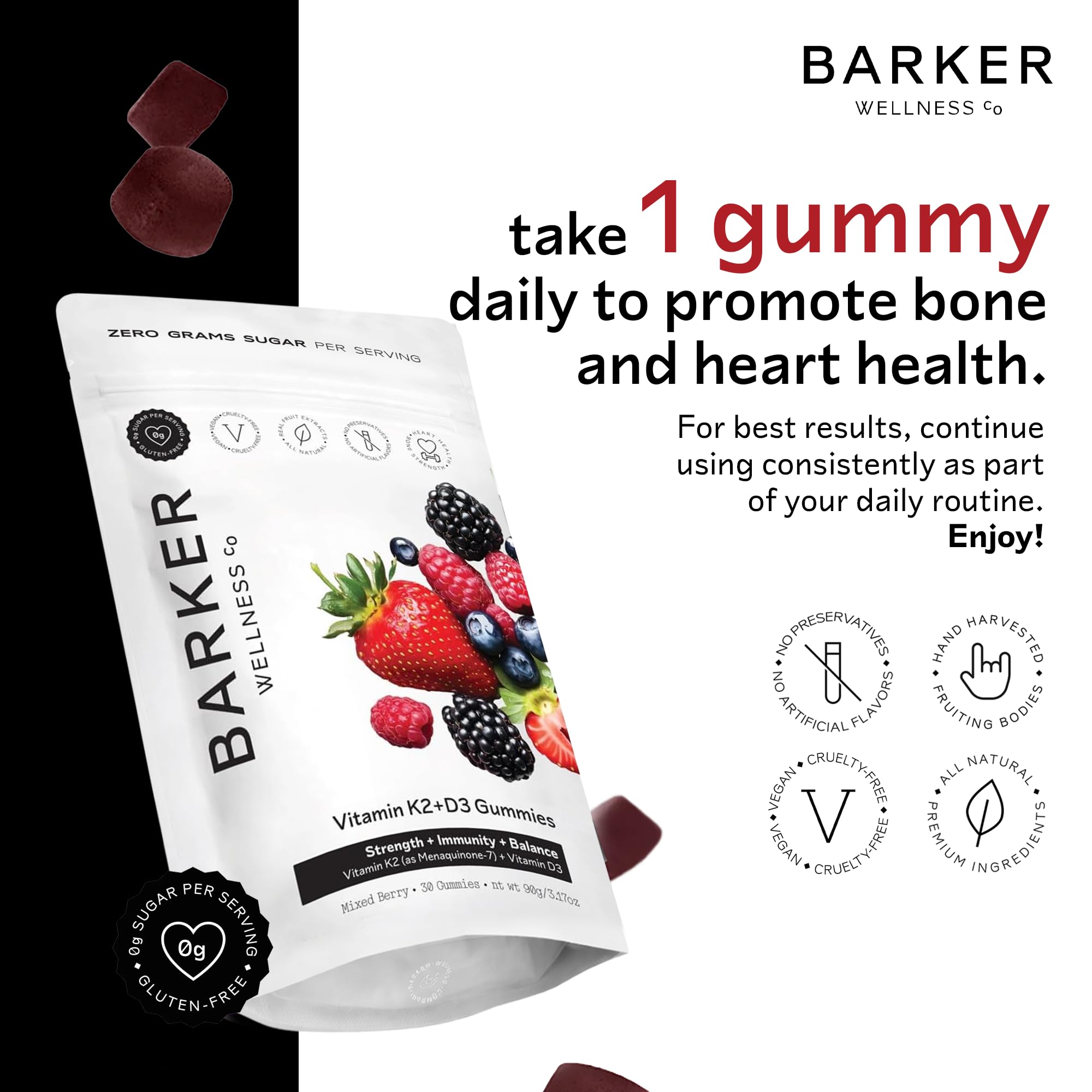 Barker Wellness D3 K2 Vitamin Gummies – Max Potency 6000IU D3 + 200mcg K2 for Strong Bones, Cardiovascular Wellness, Immune Support | Vegan, Sugar-Free, Delicious Mixed Berry | 30 Servings Barker Wellness Co Au supplements