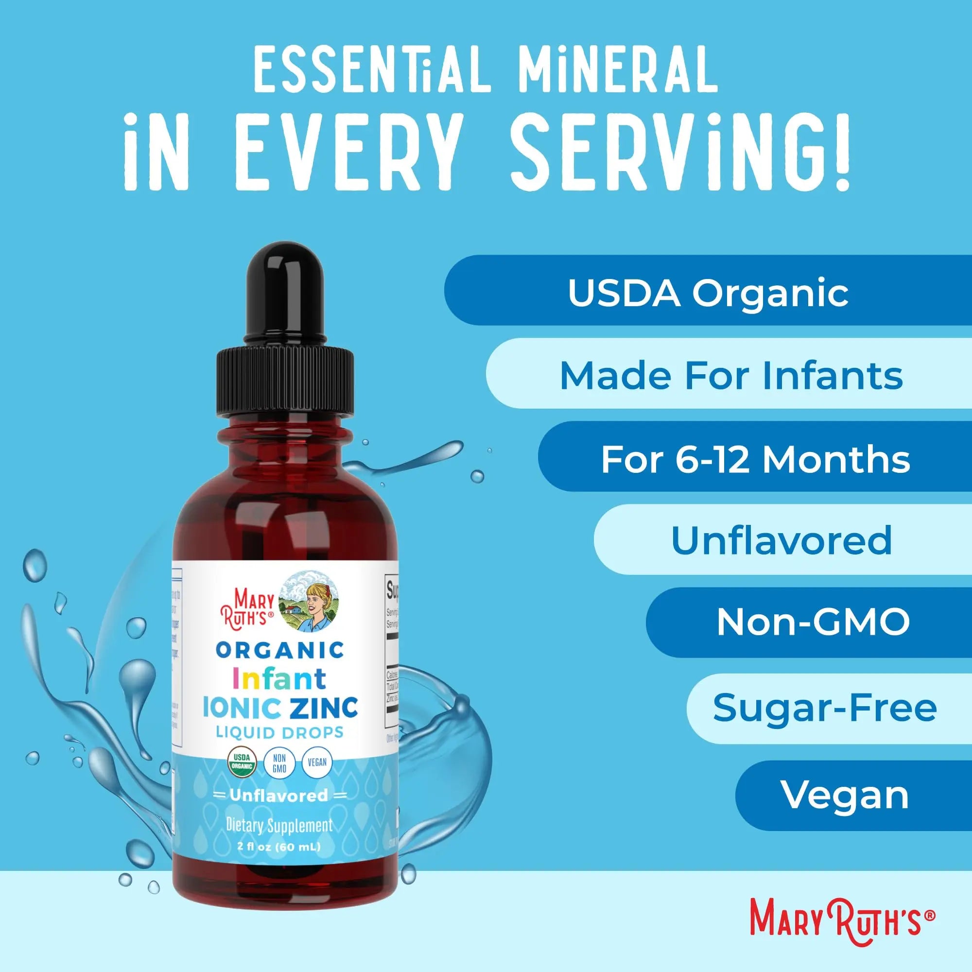MaryRuth Organics Organic Infant Ionic Zinc Liquid Drops | Zinc Sulfate for Immune Support | Organic Glycerin | Antioxidant | Vegan | Formulated for Babies Ages 6-12 Months | 1 Month Supply | 2 Fl Oz MARYRUTH'S Au supplements