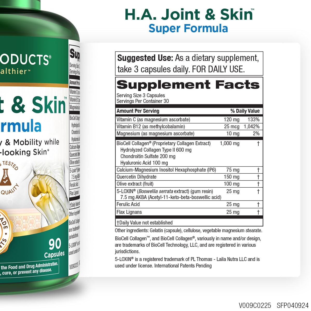Purity Products H.A. Joint and Skin Super Formula Biocell Collagen w/Hyaluronic Acid Supports Healthy Joint Flexibility, Healthy Synovial Fluid, and Lubrication - 5-Loxin - 90 Capsules (1) Purity Products Au supplements