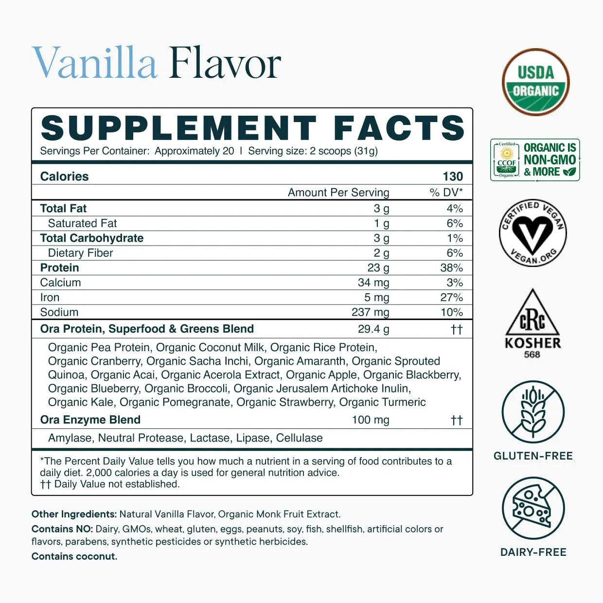Ora Organic Plant-Based Protein Powder - 23g Protein for Women and Men - Vanilla Flavor 20 Servings, Vegan, Clean Protein Ora Organic Au supplements