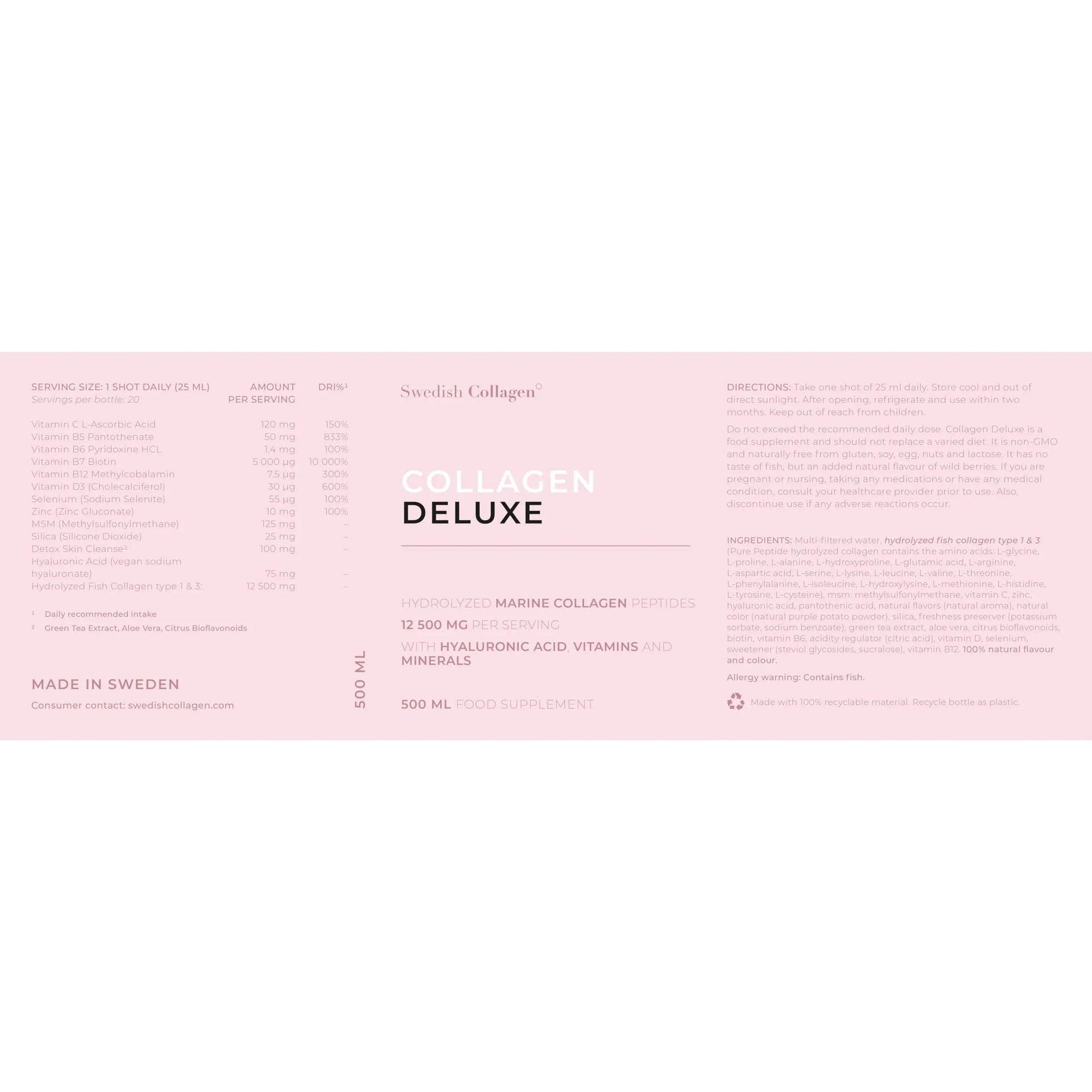 Swedish Collagen - 12500mg Collagen Deluxe 500ml I Hydrolyzed Marine Collagen Peptides (Type I & III) Swedish Collagen Au supplements