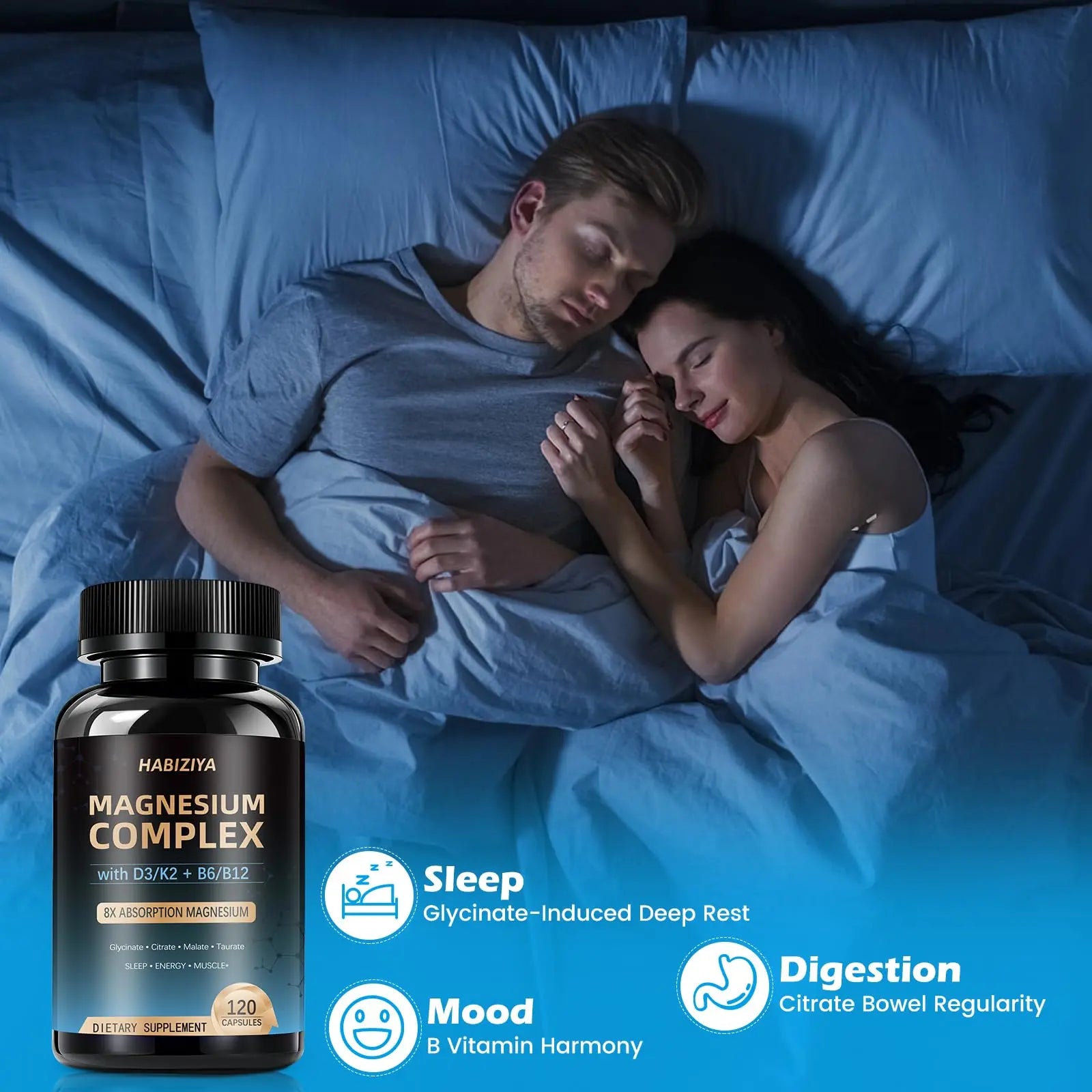 Magnesium Complex Supplement 600mg with with D3 K2 MK7 & B Vitamins High Absorption Capsules with Glycinate, Citrate & Malate,Taurate Relaxation,Muscle,Heart Support, Vegan 120 Capsules HABIZIYA Au supplements
