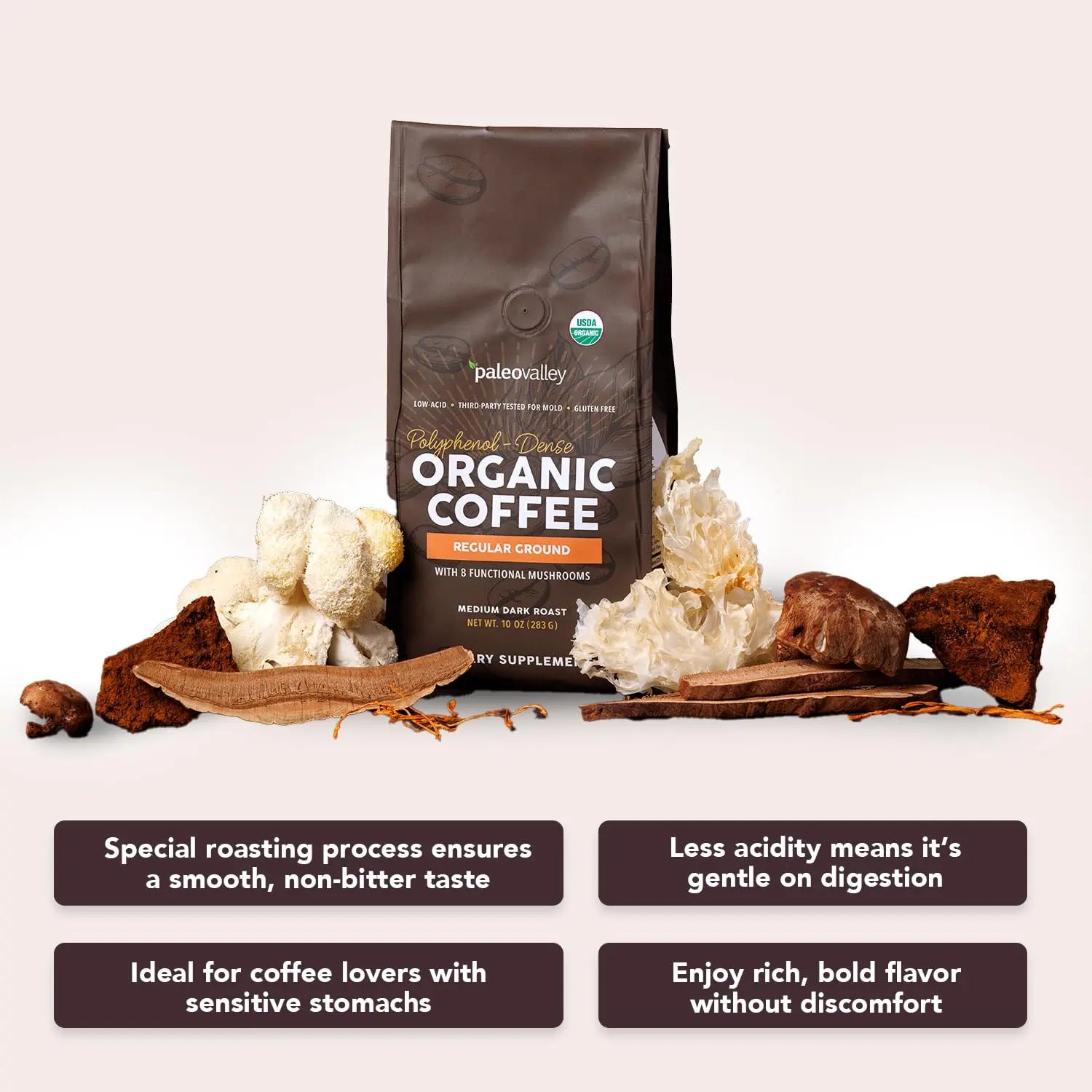 Paleovalley Organic Ground Coffee, 10oz - Regular, Low Acid, Single-Origin, Polyphenol-Rich, Infused with Mushrooms Paleovalley Au supplements