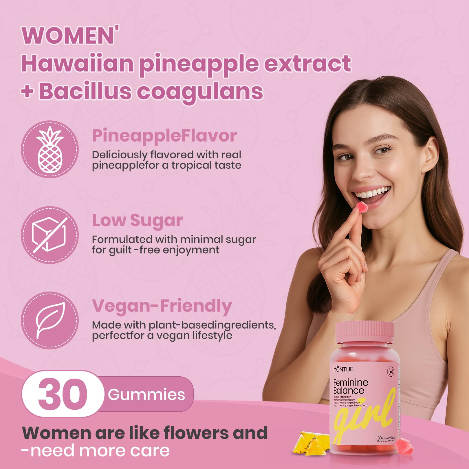 Montue Premium Diamond Feminine Balance Gummies-pH Balance with Prebiotics & Lactobacillus Probiotic Blend&Hawaiian Pineapple Immune Support,Vegan& Non-GMO（30 Gummies） Montue Au supplements