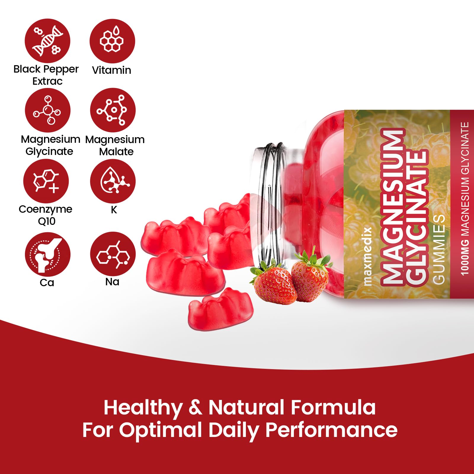 Magnesium Glycinate Gummies 1000mg, Sugar Free Magnesium Potassium Supplements Chewable for Adults with L-Threonate for Sleep, Body Support and Relaxation,90 Strawberry Gummies maxmedix Au supplements