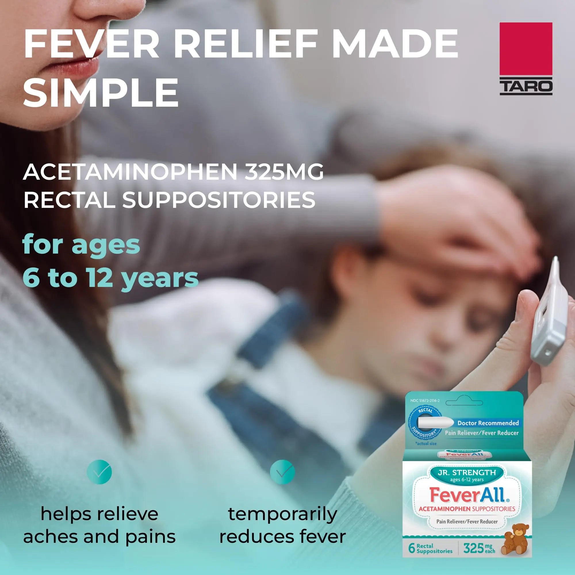 Feverall Children Acetaminophen Suppositories 6 Rectal Suppositories 325mg Each Pain Reliever/Fever Reducer. Paraben Free, No Artificial Colors or Other preservatives. Ages 6-12 Years Feverall Au supplements