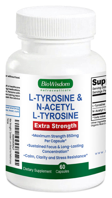 Max Strength L Tyrosine Supplement & N Acetyl L Tyrosine Peak Focus, Alertness, Concentration, Body & Mind Energy. L-Tyrosine 850mg Per 1 Capsule. A Well-Being Nutrient Boost For Performance BioWisdom Nutraceuticals Au supplements