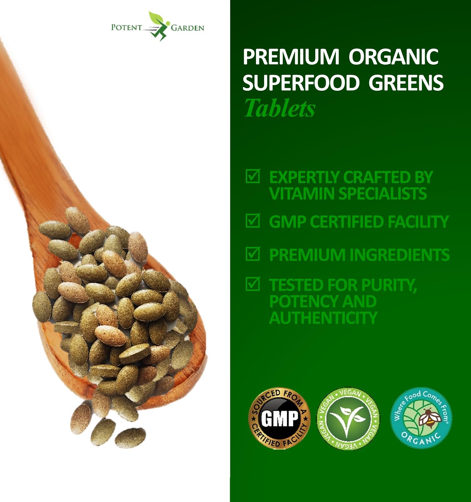 Potent Garden Organic Superfood Greens, Fruit and Veggies Supplement Rich in Vitamins & Antioxidants with Alfalfa, Beet Root & Tart Cherry to Boost Energy, Immunity & Gut Health, Greens Tablets 60 Ct Potent Garden Au supplements