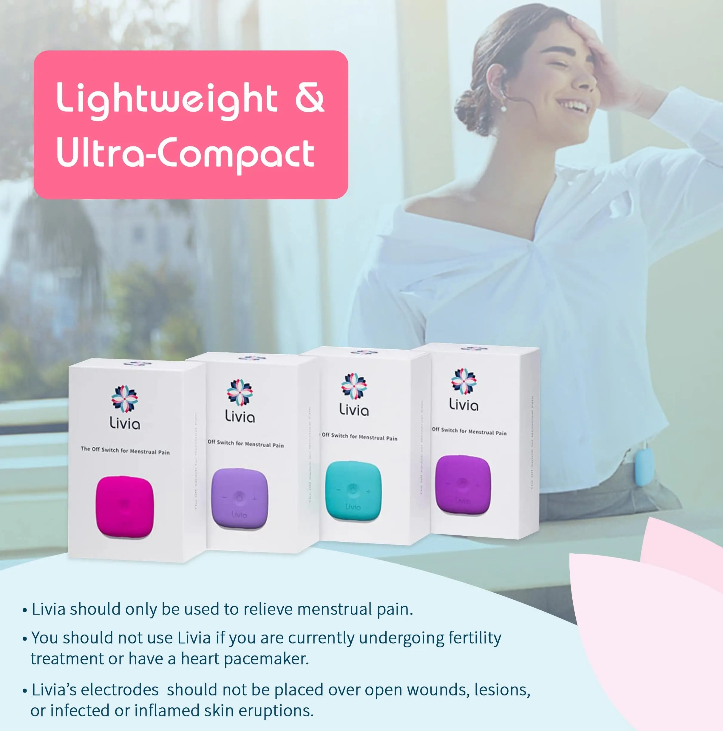 Livia Menstrual Pain Relief Device, Lavender - The Off Switch for Period Pain - Portable Unit with Stick-on Pads Livia Au supplements