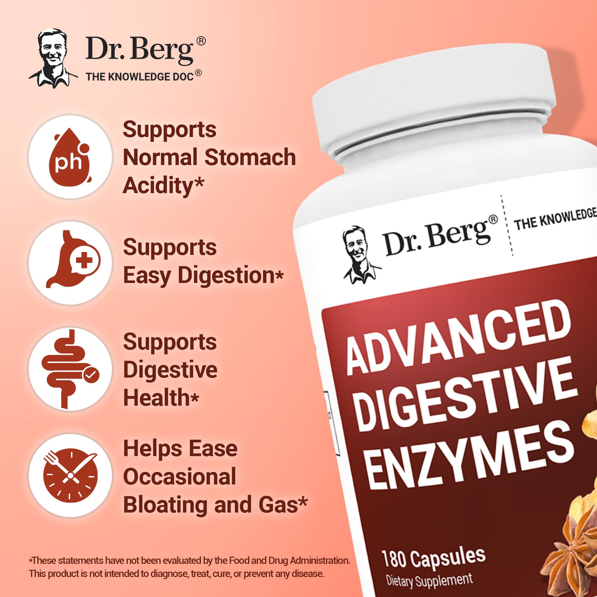 Dr. Berg Advanced Digestive Enzymes with Apple Cider Vinegar - Includes Digestive Health Ingredients Like Betaine Hydrochloride (HCI), Ginger Root & Peppermint Leaf - 180 Capsules Dr. Berg Nutritionals Au supplements