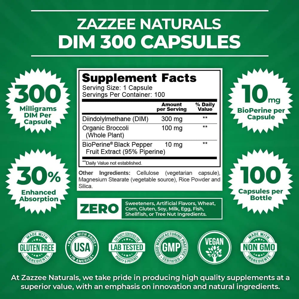 Zazzee Extra Strength DIM 300, 10 mg BioPerine and 300 mg DIM per Capsule, 100 Vegan Zazzee Au supplements