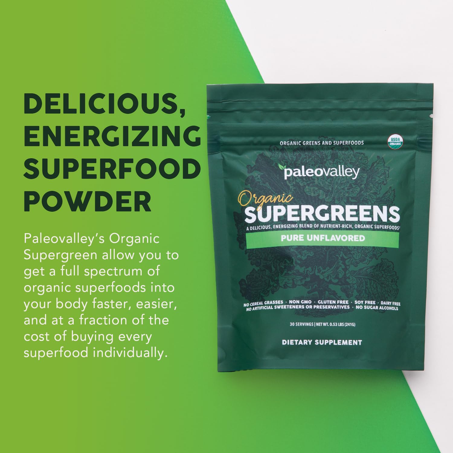 Paleovalley Organic Supergreens Powder - 23 Superfoods with Prebiotic Fiber for Energy and Immunity Support - No Cereal Grasses for Maximum Absorption - Pure Unflavored, 30 Servings Paleovalley Au supplements