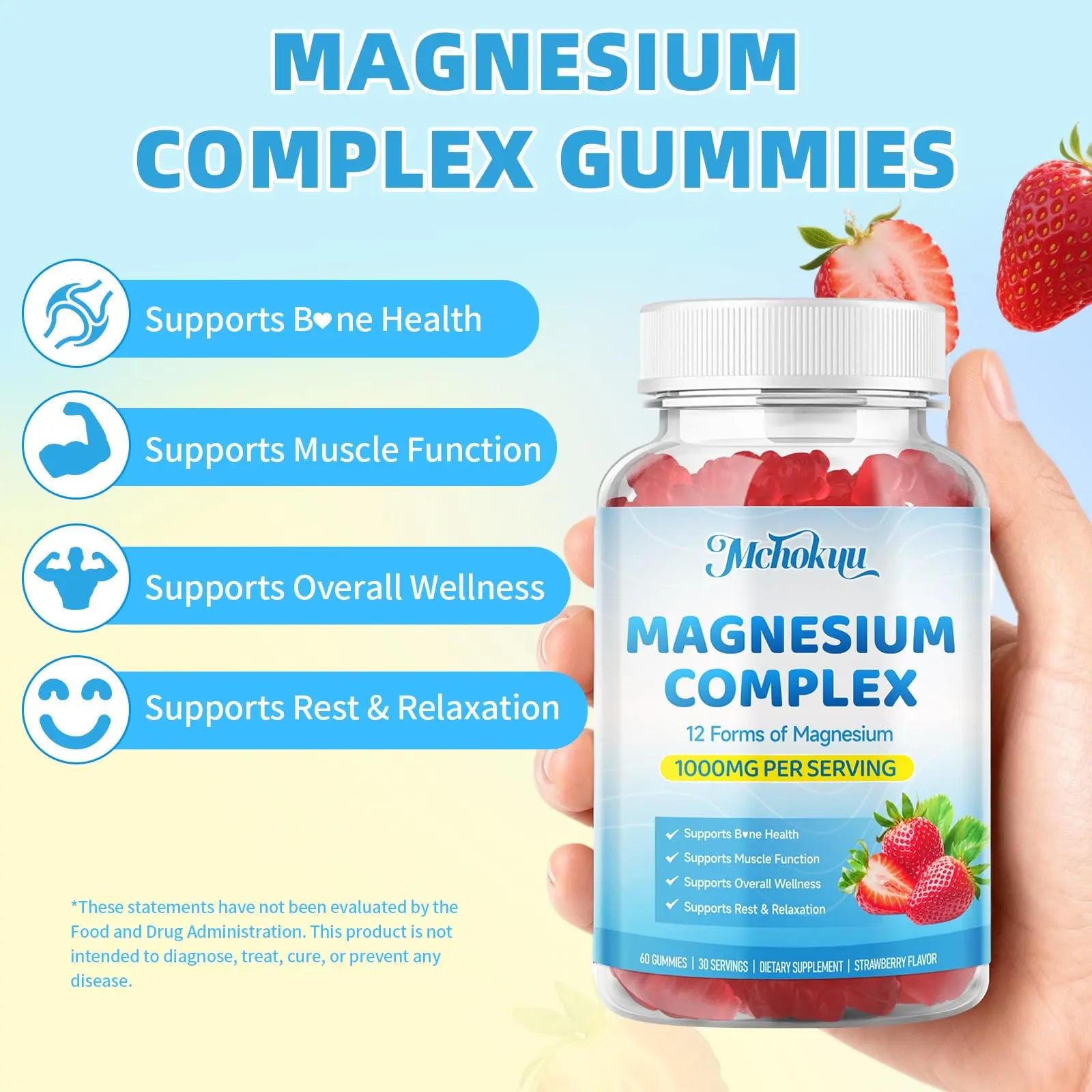 Magnesium Complex Gummies 1000mg | 12-in-1 Magnesium Complex Supplement with Glycinate, Citrate, Malate & Taurate Supports Muscle Function, Bone Health, Rest & Relaxation – Strawberry Flavor, 60 Count Mchokuu Au supplements