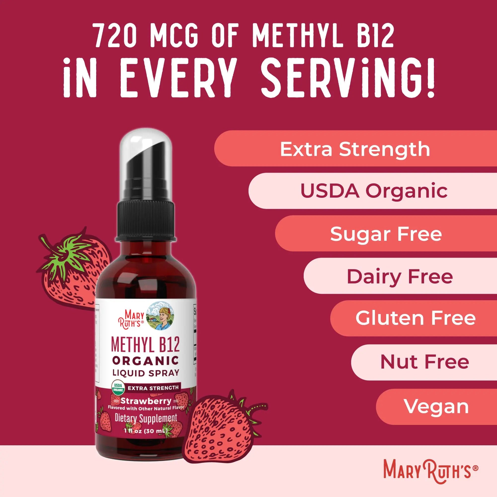 MaryRuth Organics Vitamin B12 Liquid Spray | Vegan, Non-GMO, Gluten-Free | USDA Organic Supplement | Energy & Nervous System Support | B12 Vitamins for Women & Men | 720 mcg | 1 Fl Oz MARYRUTH'S Au supplements