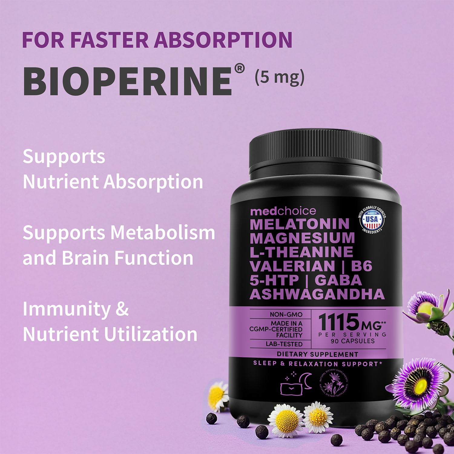 12-in-1 Melatonin Sleep Capsules - Natural Sleep Aids for Adults with Melatonin 5mg and Magnesium Glycinate 500mg, Sleep Aid with Ashwagandha, L Theanine, Valerian Root, GABA, 5-HTP (90ct, Pack of 1) MEDCHOICE Au supplements