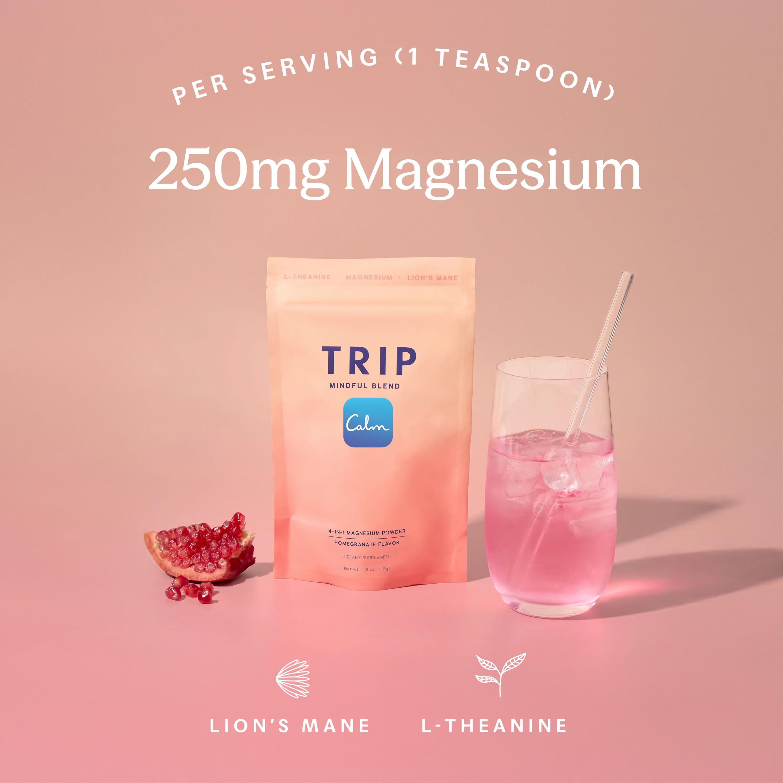 TRIP Magnesium Glycinate Powder with L-Theanine & Lion’s Mane, Sugar Free Magnesium Supplement for Adults, 250mg Magnesium per Drink Mix Serving, Pomegranate Orange Blossom, 1 Bag - 30 Servings TRIP Au supplements