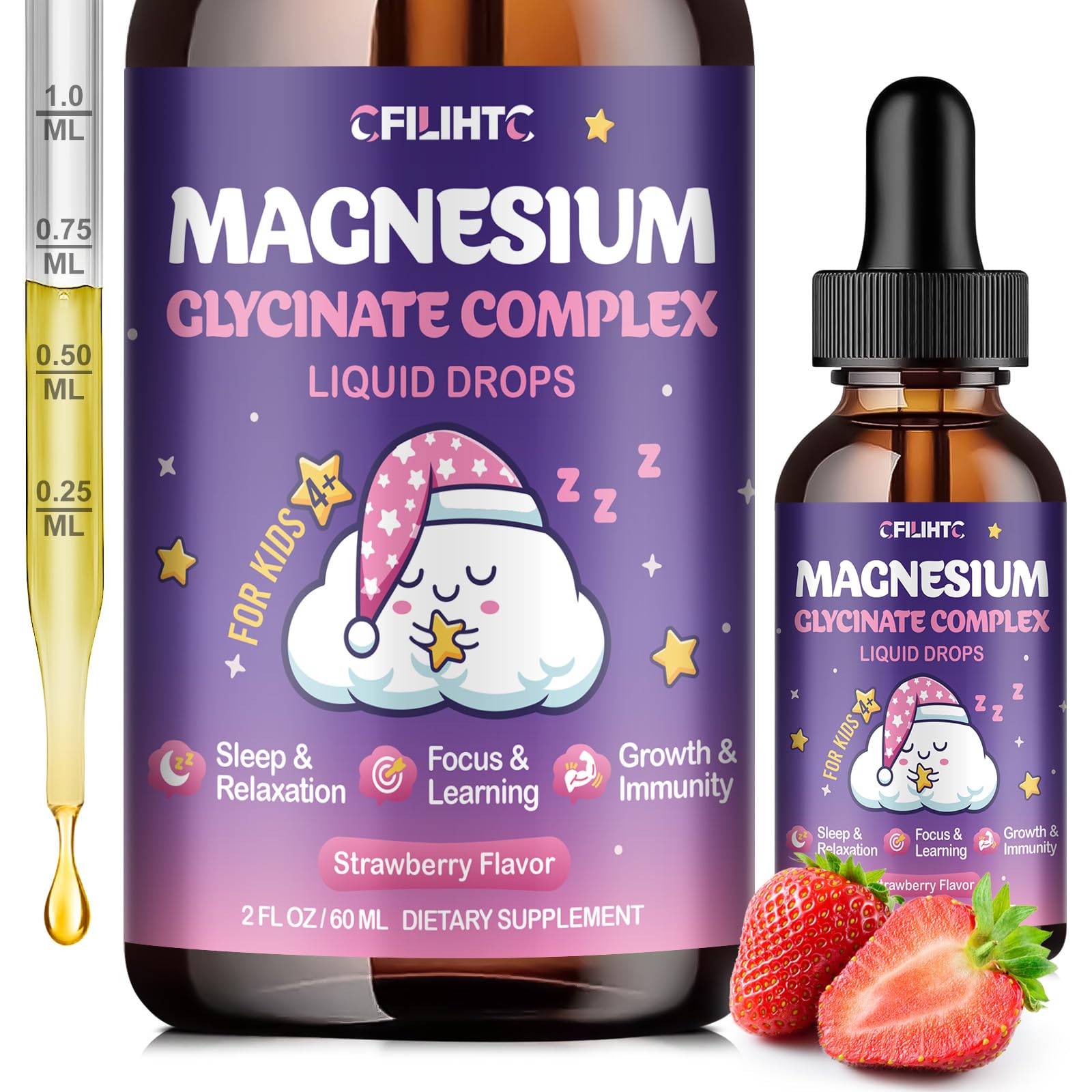 Magnesium Glycinate Liquid for Kids - Magnesium Bisglycinate Drops with L-Theanine, Chamomile & Vitamin B6, B12, C, D3 for Sleep, Relaxation, Immune Support, Calm & Focus - 2 Fl Oz, Strawberry Flavor CFILIHTC Au supplements
