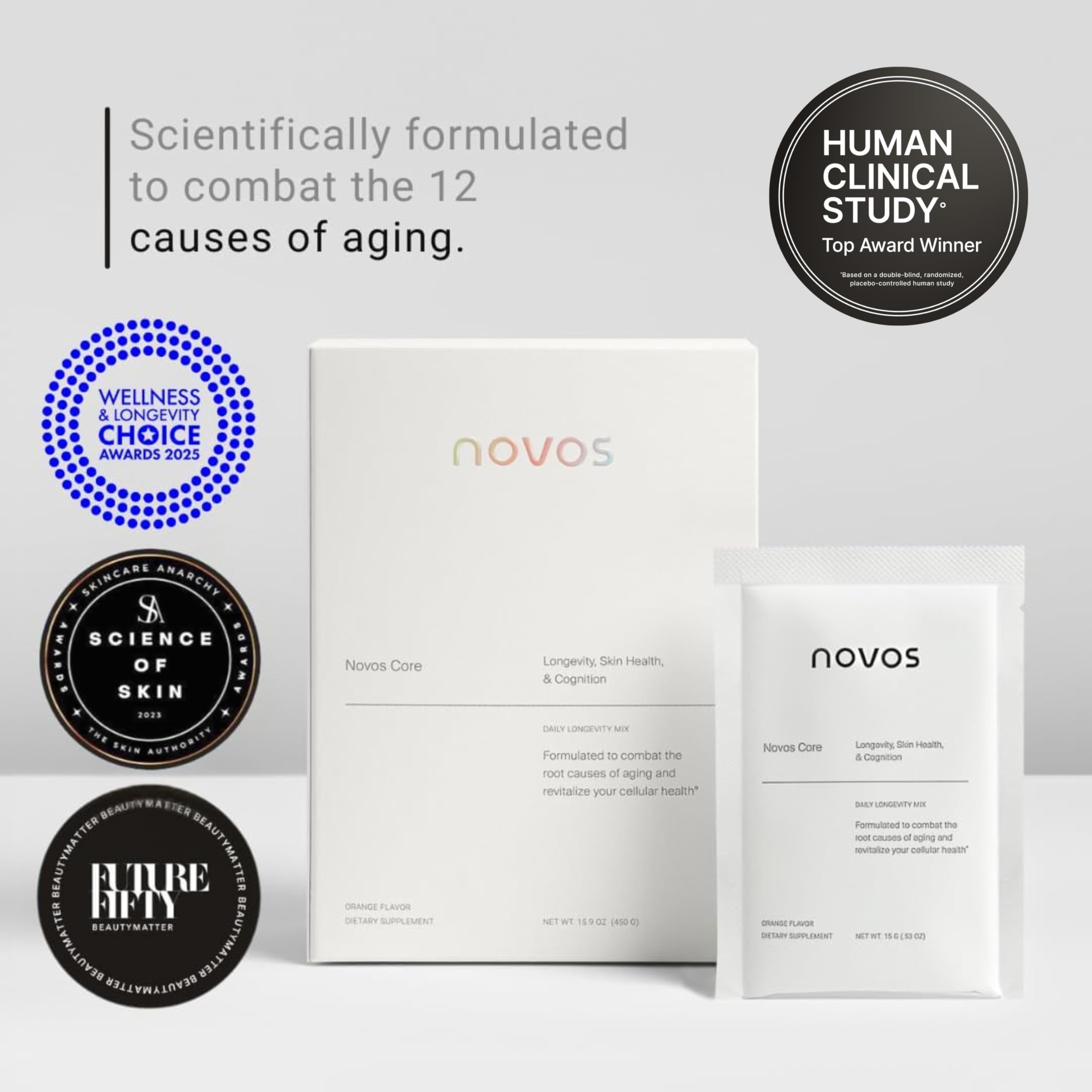 Novos Core Clinical Longevity Mix | Anti-Aging Supplement Drink Mix for Men & Women | Magnesium, L-Theanine, Fisetin and More | Supports Energy, Mood, Sleep & Cognition | Orange Flavor (30 Servings) Novos Au supplements