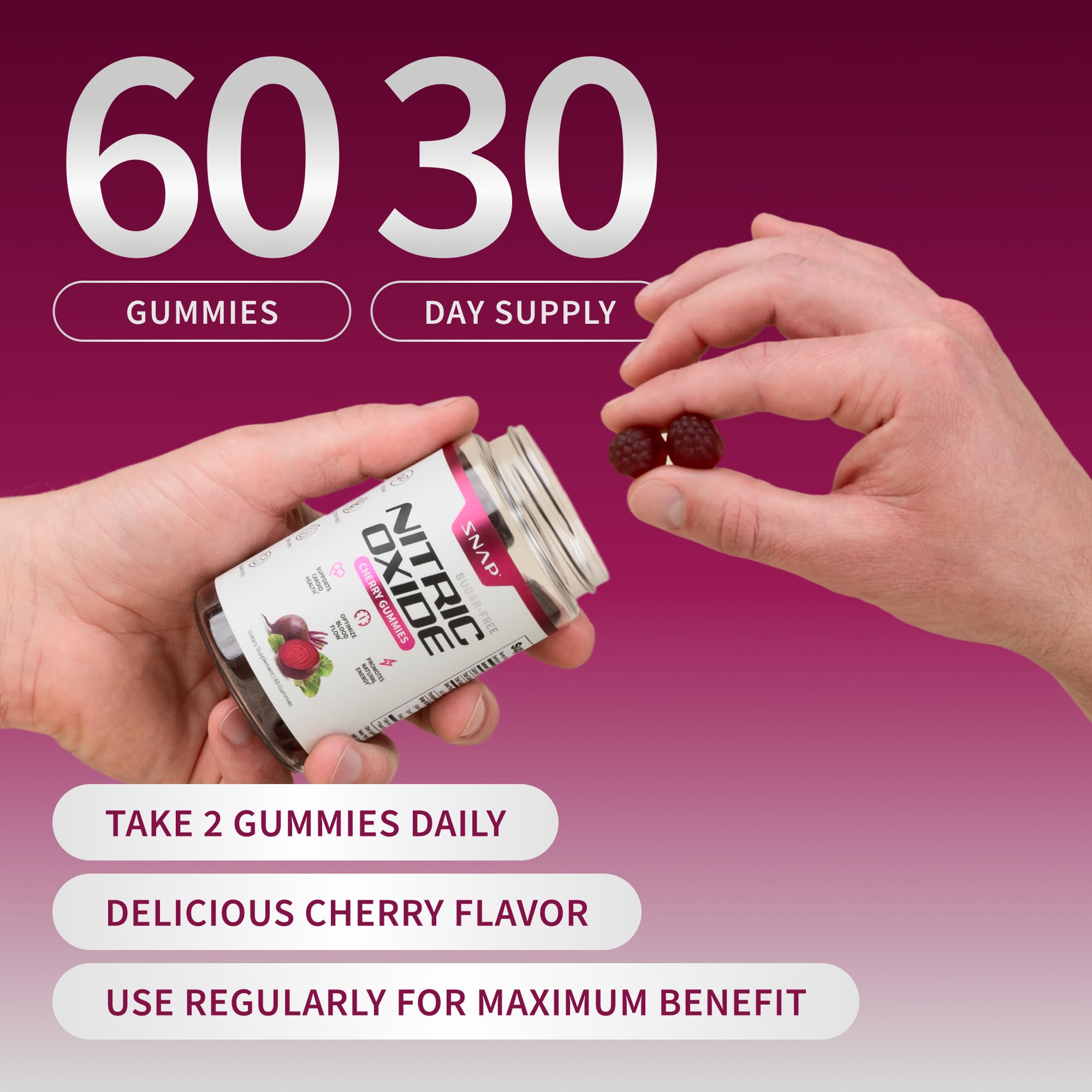 Snap Supplements Nitric Oxide Gummies - Beet Root Extract 300mg, Sugar Free Beetroot Supplement with Pomegranate Powder for Circulation & Natural Energy, 60 Vegan Gummies, Cherry Flavor Snap Supplements Au supplements