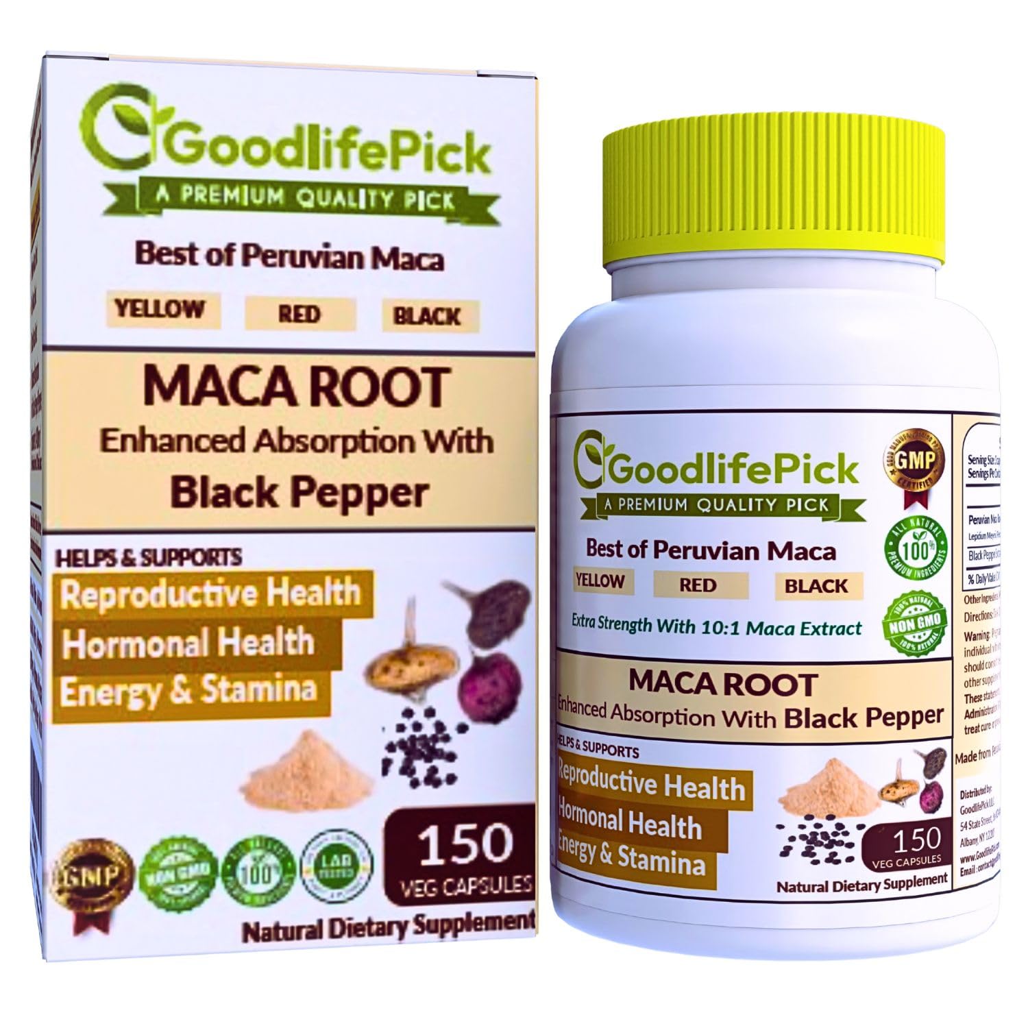 Peruvian Maca Root Capsules 150 ct. Powerful Maca Blend of Yellow Red & Black Maca Root with Black Pepper. All Natural NonGMO Vegan No Stearate No Rice Powder No Silica No Filler GoodlifePick Au supplements