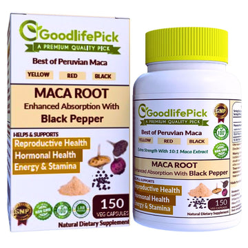 Peruvian Maca Root Capsules 150 ct. Powerful Maca Blend of Yellow Red & Black Maca Root with Black Pepper. All Natural NonGMO Vegan No Stearate No Rice Powder No Silica No Filler GoodlifePick Au supplements