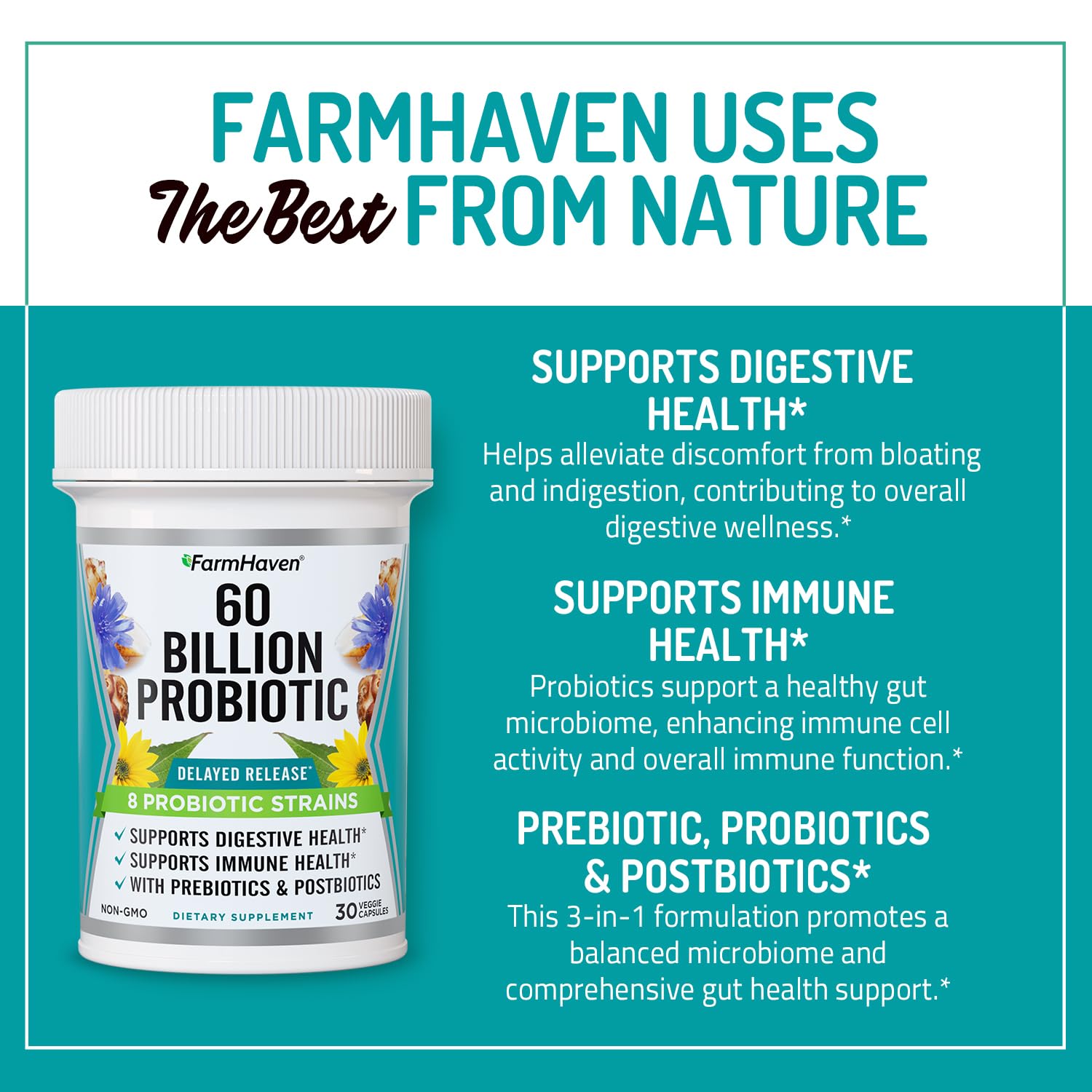 FarmHaven 60 Billion CFU Probiotic - 8 Probiotic Strains - Prebiotics & Postbiotics - Supports Digestive & Immune Health - Delayed Release - Shelf Stable -