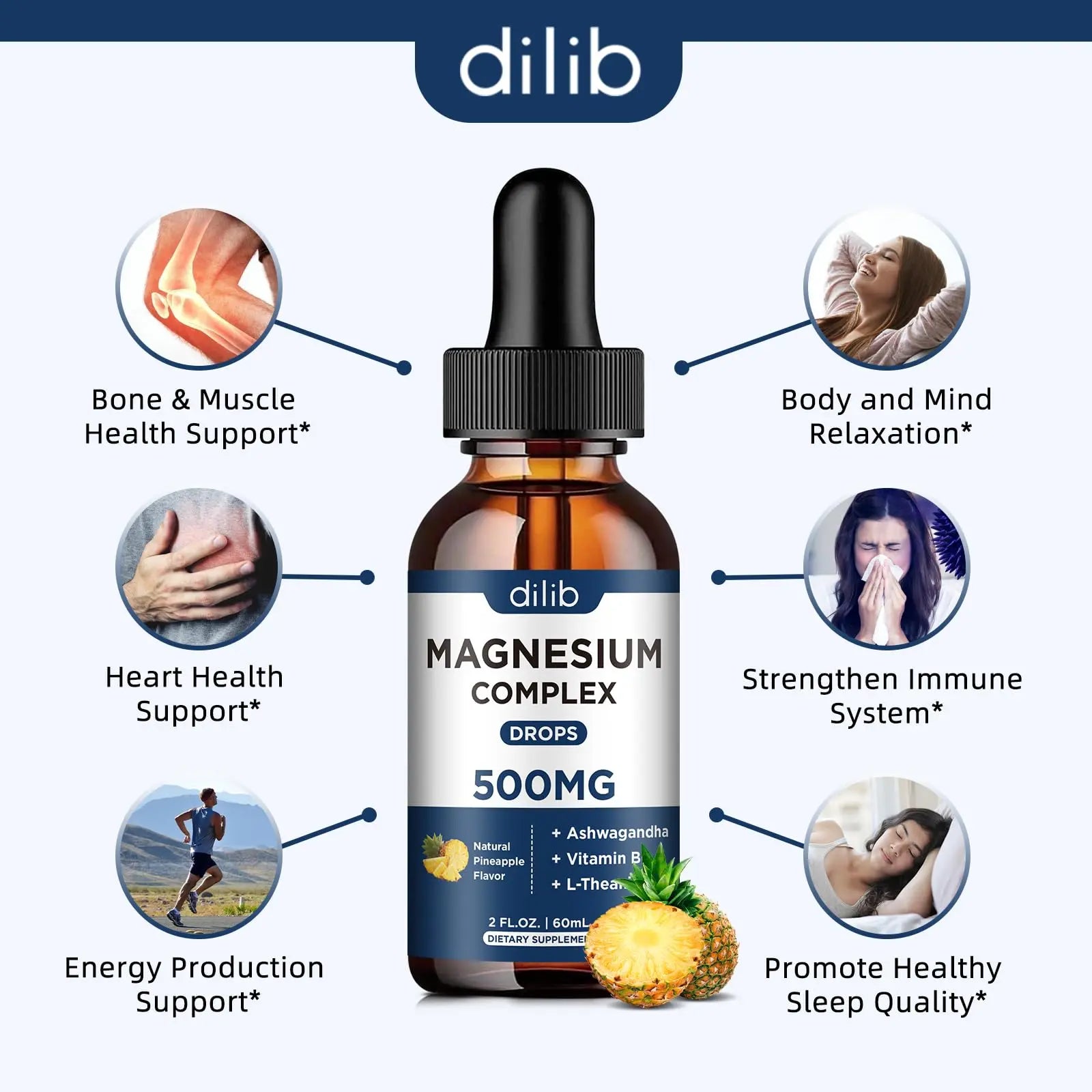 Triple Magnesium Complex Supplement-Magnesium Glycinate, Citrate, Malate Liquid Drops 500mg with Ashwagandha, L-Theanine, Vitamin B6 for Calm, Stress Relief, Sleep, Muscle Support-Pineapple Flavor dilib Au supplements