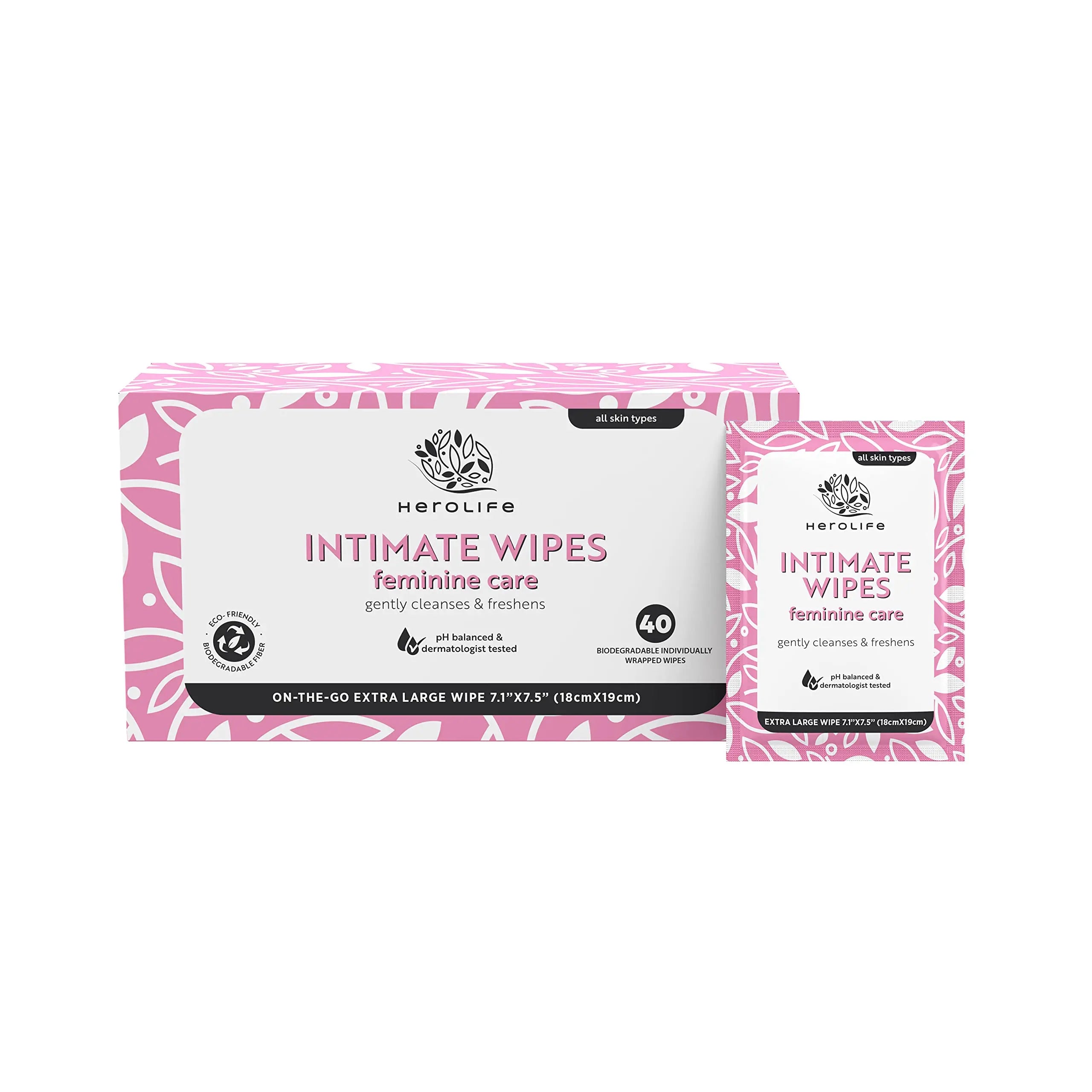HEROLIFE Personal Wipes for Feminine Care, Single Use To Go, Plant-Based, 1 pack of 40 Single Herolife Au supplements