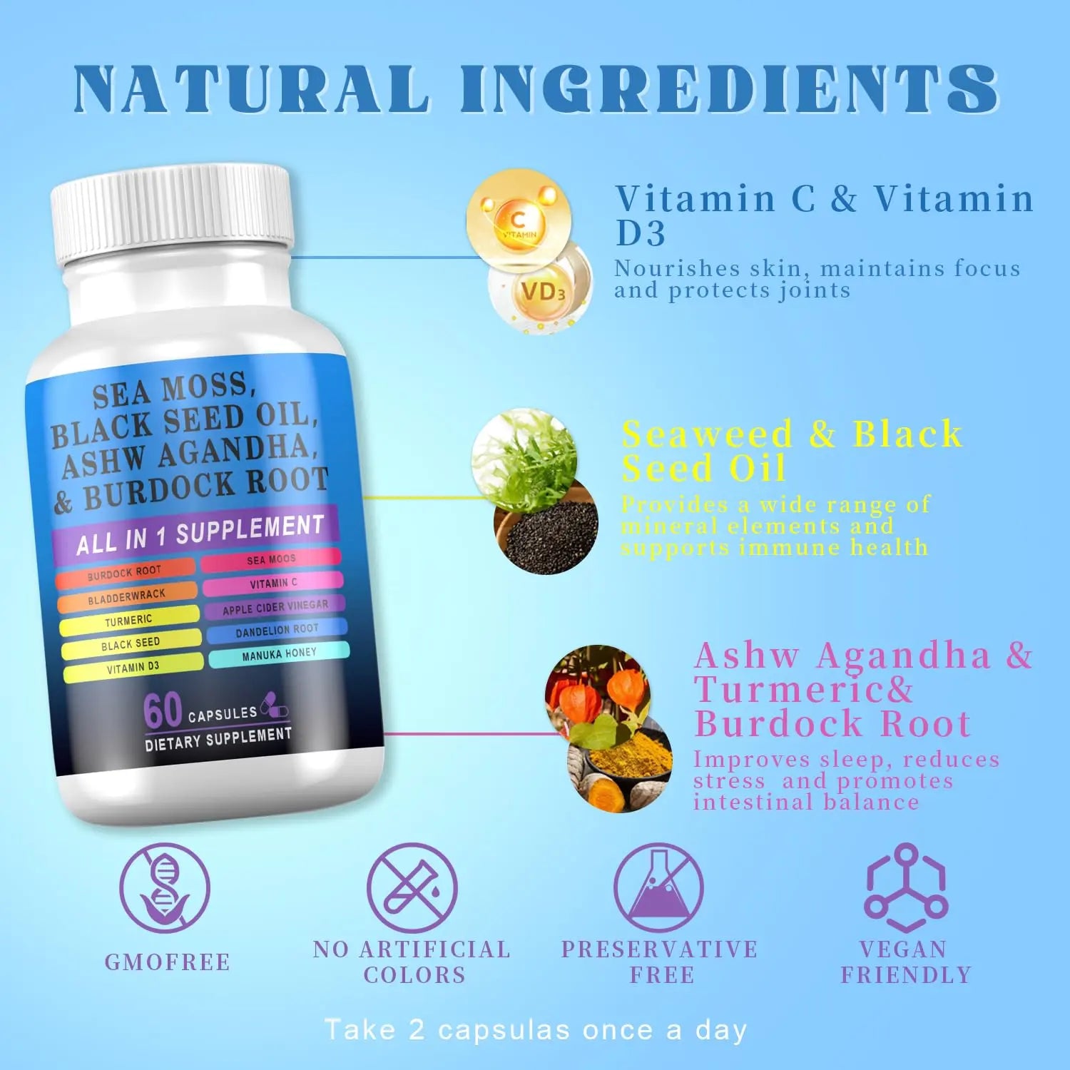 Pyzor Sea Moss Black Seed Oil Ashwagandha Turmeric Bladderwrack Burdock, Elderberry Manuka Dandelion, Burdock Root Turmeric Vitamin D3 Chlorophyll - 60 Capsules Pyzor Au supplements