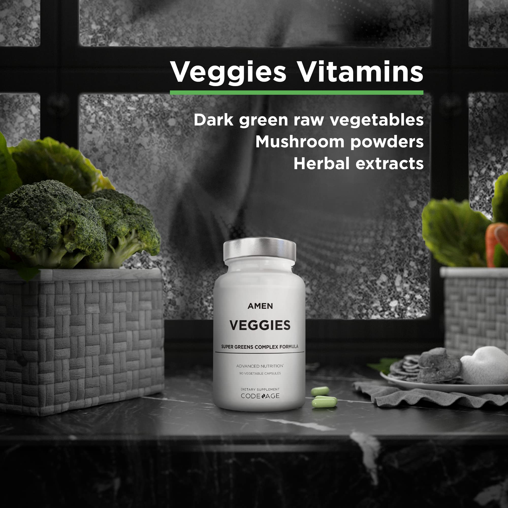 Amen Veggies, Daily Veggies Vitamins Supplement, Vegetables Vegan Blend & Whole-Food Raw Greens Multivitamin Capsules, Mushroom Complex, Superfood, Minerals, Green Vegetable Nutrients, Non-GMO, 90 ct Amen Au supplements