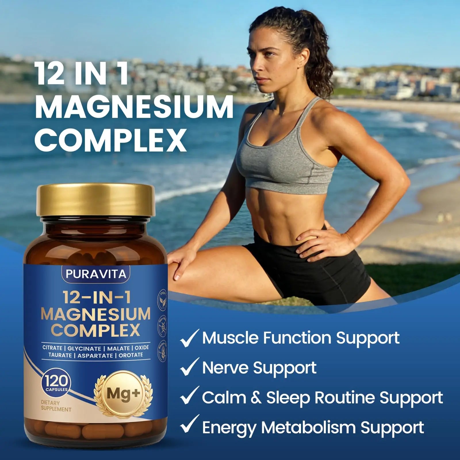 Puravita Magnesium Complex - Puravita 12 in 1 Magnesium Supplement with Glycinate, Citrate, Malate, Oxide, Taurat & More for Muscle, Nerve & Sleep Support, 120 Count PURAVITA Au supplements