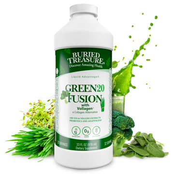 Buried Treasure Green20 Fusion – Superfood Blend with Vollagen for Skin, Hair, and Joint Support, Plant-Based, Vegan, Non-GMO Gluten-Free, Dairy-Free, Soy-Free, 32oz Liquid Buried Treasure Au supplements