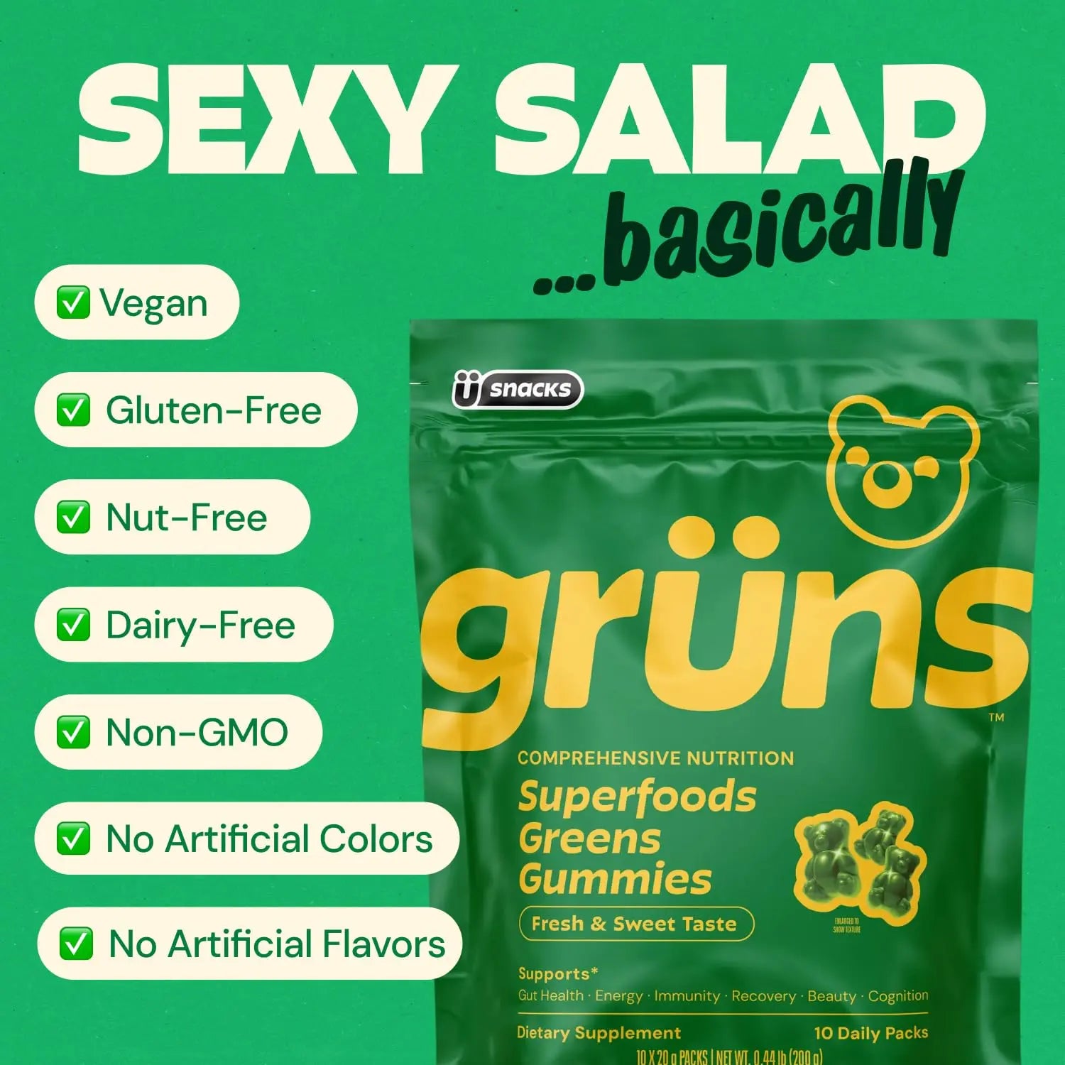 Gruns Adults Super Greens Gummies, Multivitamin Superfood Gummy Bears, Spirulina, Chlorella, Prebiotics & Fiber Gummies for Digestive Health Grüns Au supplements