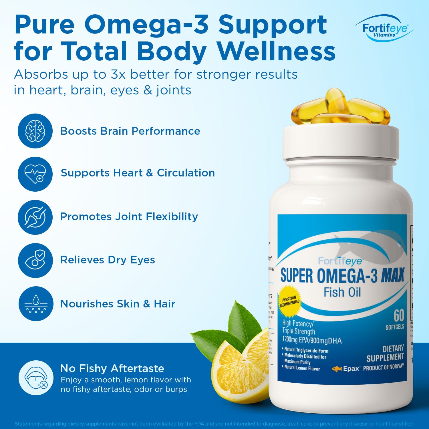Super Max Omega-3 Fish Oil 2400 mg 30 Days, 60 Capsules - High Potency Fish Oil Omega 3 Supplements for Women & Men, Triglyceride Form with EPA and DHA Supplements No Fishy After Taste Lemon Flavor Fortifeye Vitamins Au supplements