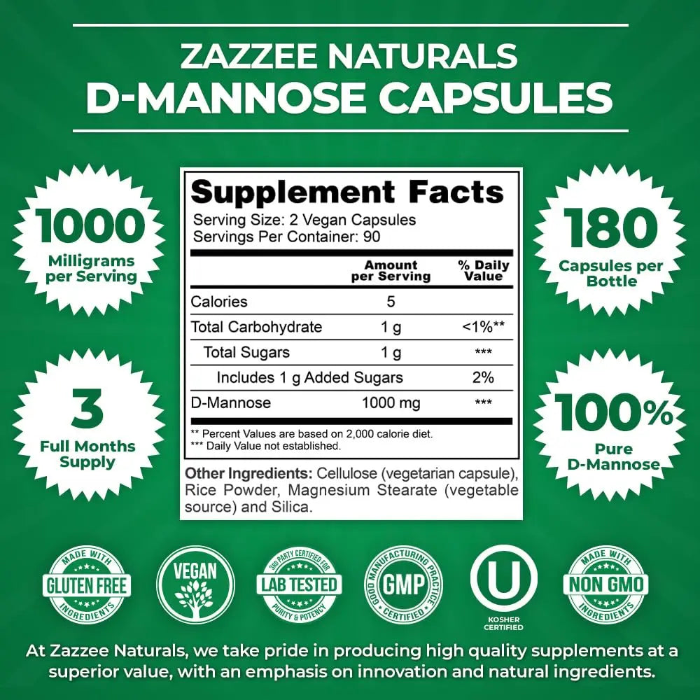 Zazzee D-Mannose, 1000 mg per Serving, 180 Vegan Capsules, 3 Month Supply, Potent Zazzee Au supplements