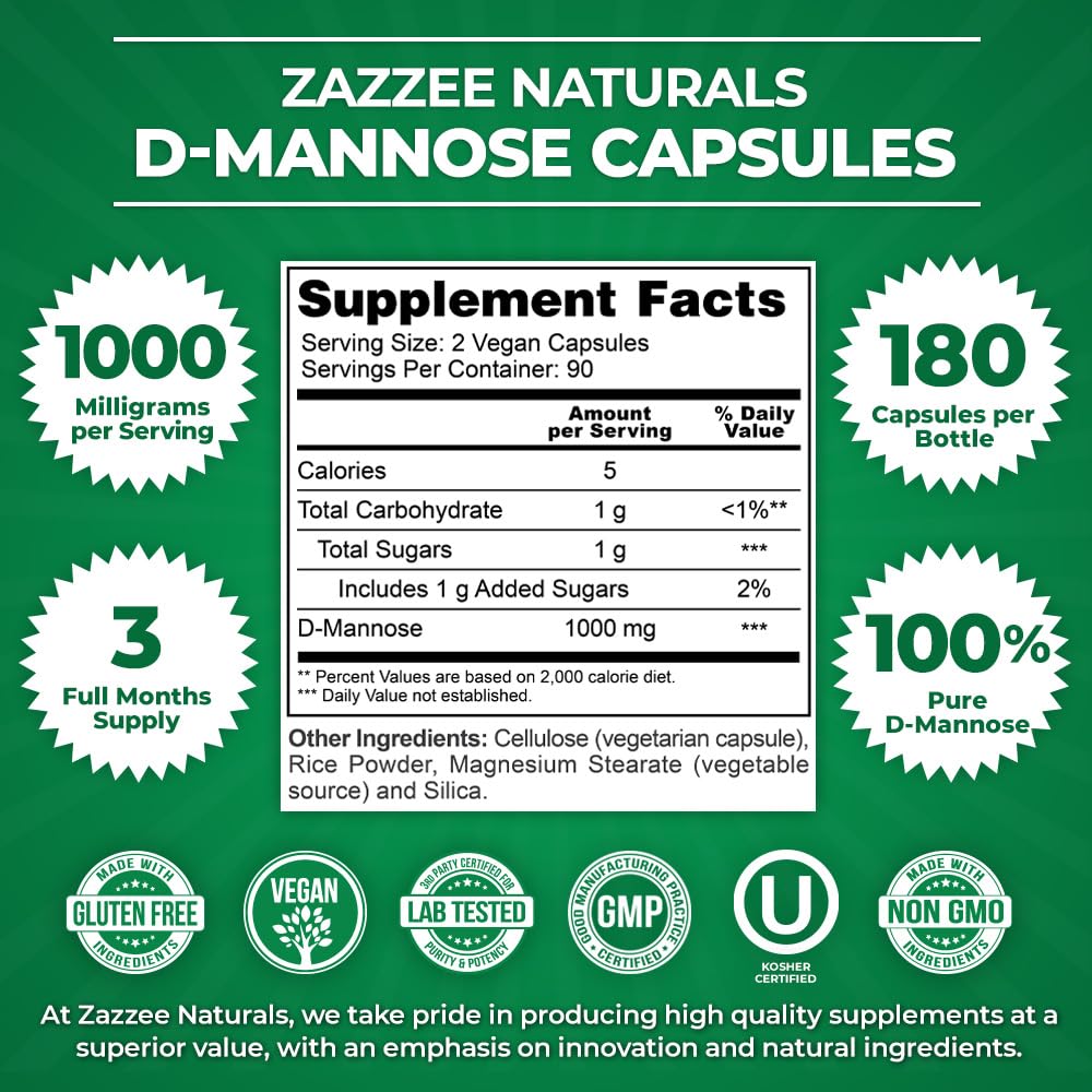 Zazzee D-Mannose, 1000 mg per Serving, 180 Vegan Capsules, 3 Month Supply, Potent Zazzee Au supplements