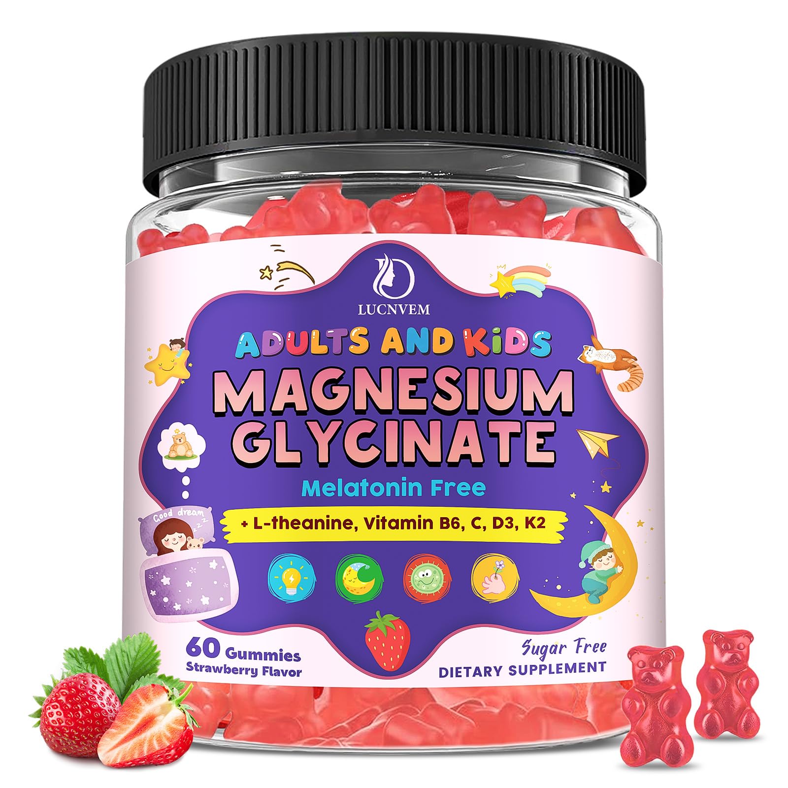 Magnesium Glycinate Gummies for Kids 4+ & Adults- Magnesium Glycinate 150/300 mg for Natural Sleep, Relaxation & Calm Support, Melatonin Free, Sugar Free Strawberry Flavor, 60 Ct LUCNVEM Au supplements